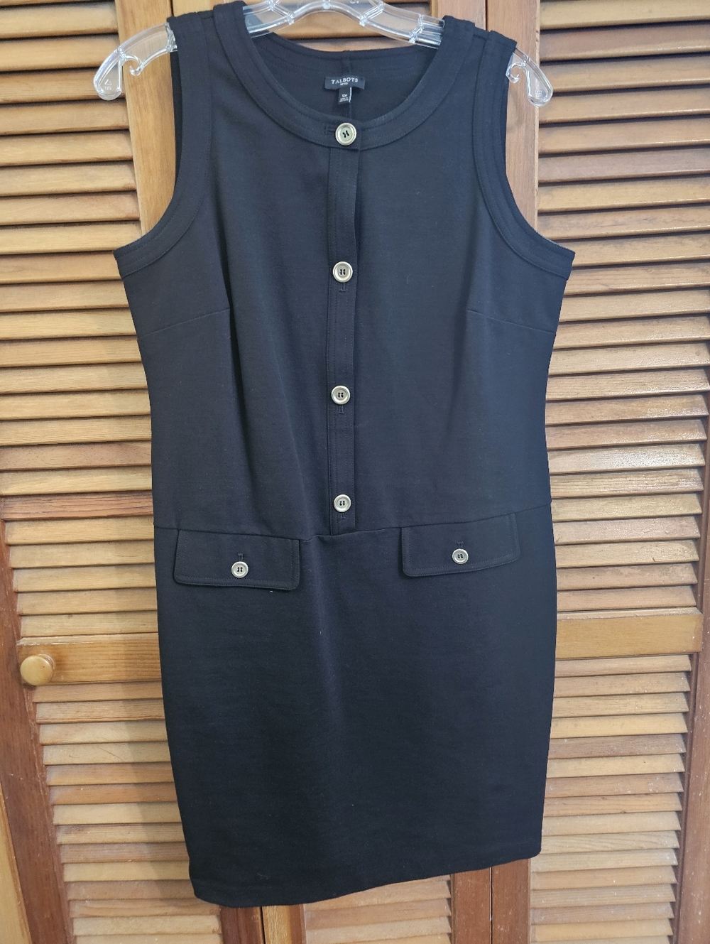 Talbots Black Sleeveless Sheath Dress – Gold Button Detail – Size 12P
